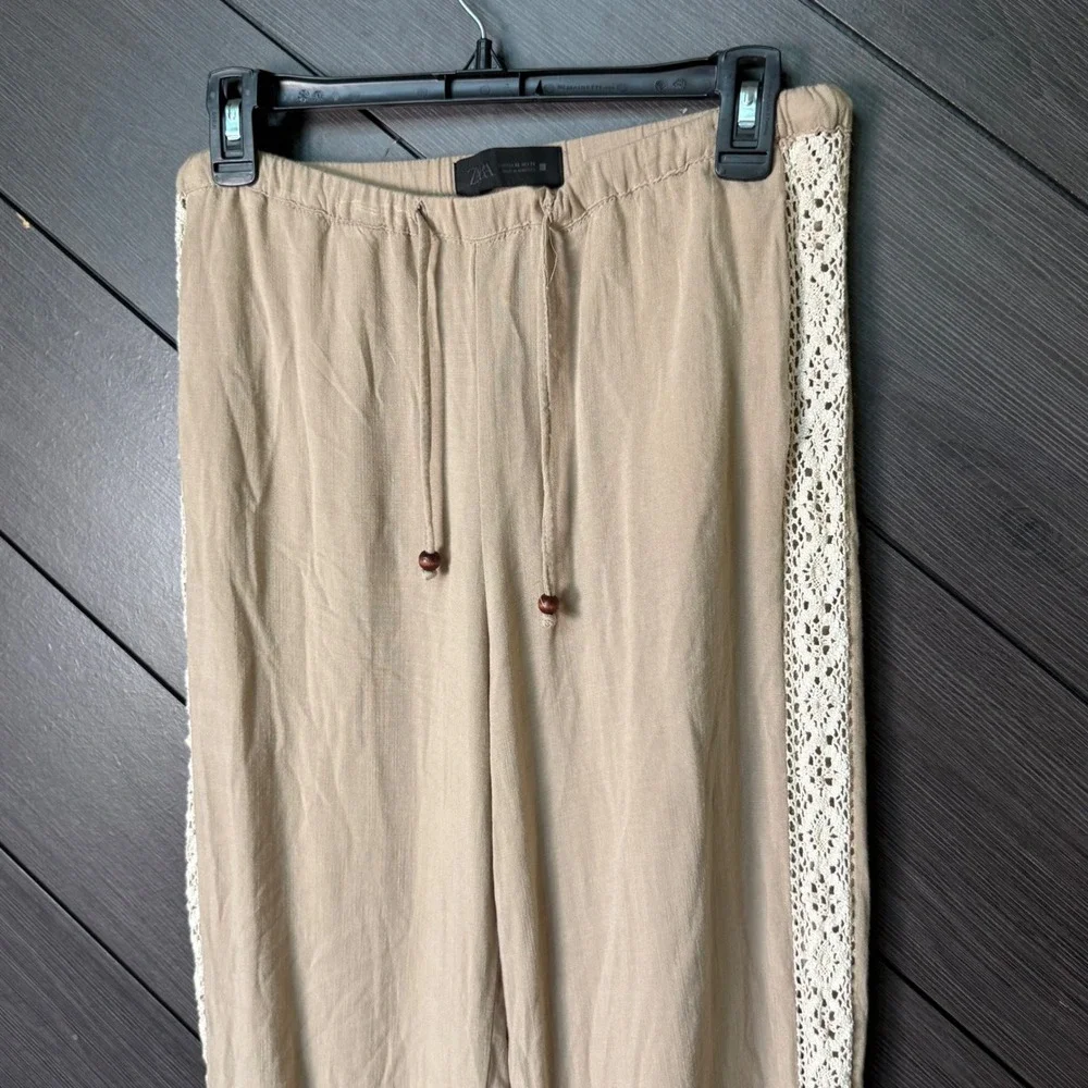 Zara Women's Linen Blend Wide Leg Crochet Trim Pants XS Beige Boho Coastal